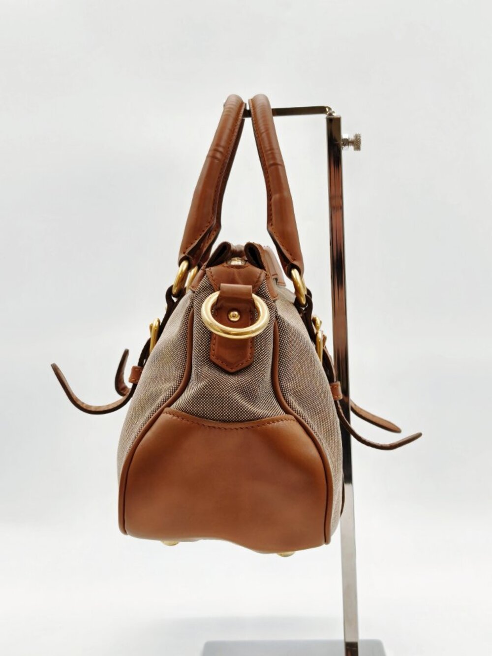 Prada Canapa Canvas Leather Satchel Handbag Brown Logo Top Handle Bag - Picture 4 of 13